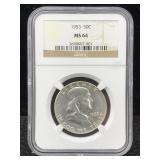 1953 Silver Franklin Half Dollar, Ngc Ms 64