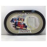 Falstaff beer tray, Indy 500 schedule 1975, 13x21