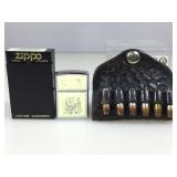Scrimshaw ship design Zippo lighter and leather