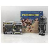 Funko pop figures in box, LV Raiders cup and
