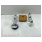 Vtg travel clock & lighter, marked RMS Queen Mary