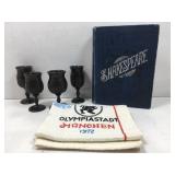 Wood carved goblet set, vintage Shakespeare book