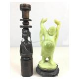 Laughing Buddha statue, green resin, 9 in tall &