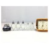 Vtg travel clock & lighter, marked RMS Queen Mary