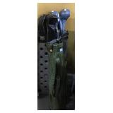Green leather golf bag w/clubs