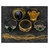 5 Fashion Rings W/necklace, Sz 7, 8 ,10