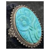 Sterling Silver Ring W/carved Turquoise, Tw 16.1g,