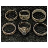 6 Sterling Silver Rings, Tw 25.7g, Sz 6, 8,10 &