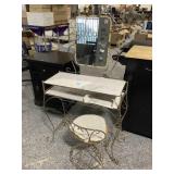 Metal vanity w/glass top and chair, approx 28in