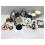 Penguin collection, figures, candles, clock &