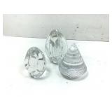 3 Clear crystal paperweights, 2 eggs & dome/cone