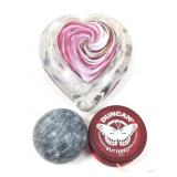 Hand blown glass heart paperweight, stone sphere