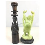 Laughing Buddha statue, green resin, 9 in tall &
