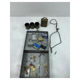 Metal box with contents. Keys, Metal bell etched