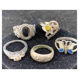 5 Sterling Silver Rings W/stones, Tw 19.8g, Sz 6,
