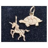 14k Gold Charms W/unicorn & Turtle, Tw 1.1g