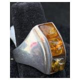 Sterling Silver Ring W/amber, Tw 9.2g, Sz