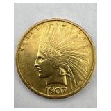 1907 $10 Gold Indian Head Coin No Motto - Eagle