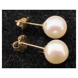 14k Gold Pearl Earrings W/backs, Tw 1.1g