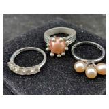 3 Sterling Silver Rings W/pearls & More, Tw 14.1g
