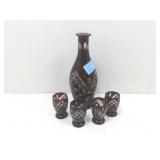 Vtg cut clear glass decanter set, amethyst color
