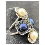 Sterling Silver Ring, Signed W/pearls, Tw 11.1g,