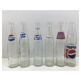 6 glass Pepsi-Cola bottles, original, diet &