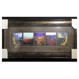 This is a framed art piece featuring five