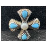 Sterling Silver Cross Pendant W/turquoise, Tw 9g,