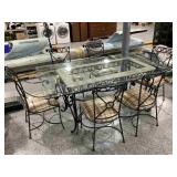 Metal dining table w/glass top and metal chairs,
