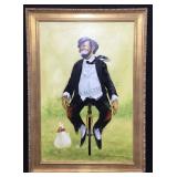 Oil Painting of a ï¿½Hoboï¿½ type Clown on a unicycle