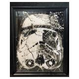 This artwork depicts a black-and-white, abstract,