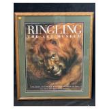 This framed poster depicts a lions head branded