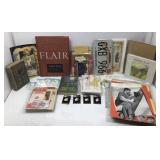 Box lot of vintage paper items, including books,