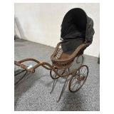 Antique Wood and Metal Doll Pram with Woven