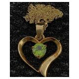 10K Gold Heart Necklace with green stone 1.8g TW