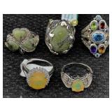 5 Sterling Silver Rings W/gemstones, Tw 37g, Sz