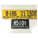 3 1950ï¿½s Nebraska Metal License Plates