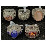 5 Sterling Silver Rings W/gemstones, Tw 56.2g, Sz