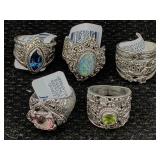 5 Sterling Silver Rings W/gemstones, Tw 50.2g, Sz