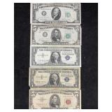 $5 Red Note, 2-$1 Blue Notes & 2 1950