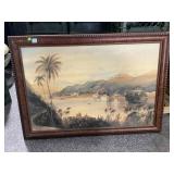 Framed print of beach scene, approx 41x29in
