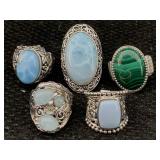 5 Sterling Silver Rings W/gemstones, Tw 52.6g, Sz