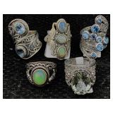 5 Sterling Silver Rings W/gemstones, Tw 40.5g, Sz
