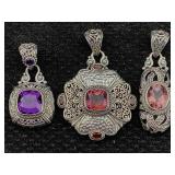 3 Sterling Silver Pendants W/gemstones, Tw 38.5g,