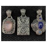3 Sterling Silver Pendants W/gemstones, Tw 47g, Sz