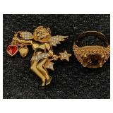Swarovski Ring & Cherub Brooch, Sz 7.5 & 1.5in