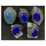 5 Sterling Silver Rings W/gemstones, Tw 54.4g, Sz
