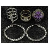 3 Sterling Silver Rings & Earrings, Tw 32.2g, Sz 6