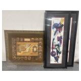 Pair Framed Abstract Prints and Ancient Map Print